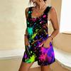 Women Plus Size Scoop Neck Sleeveless Colorful Ink Splatter Printed Loose Romper With Pockets