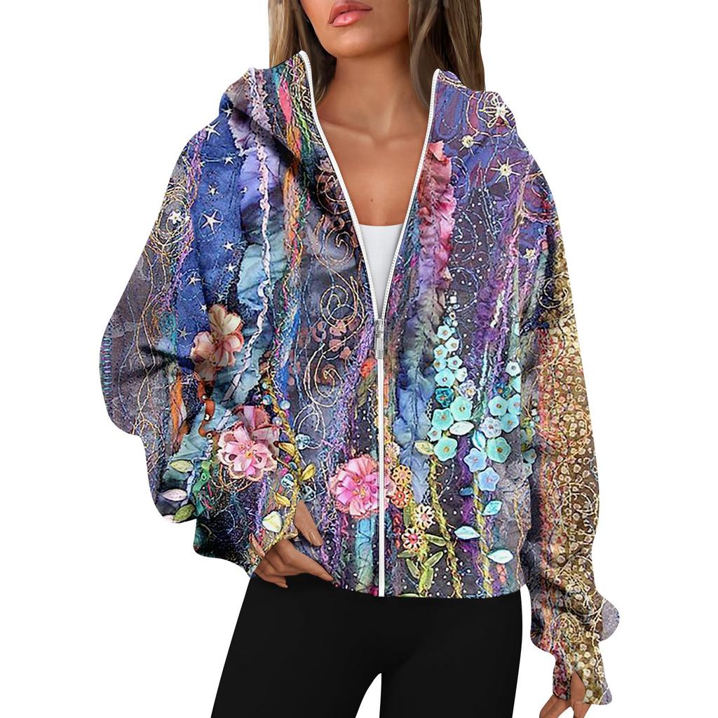 Hanorace de damă cu mânecă lungă, ocazional, cu fermoar complet, hanorace cu orificiu pentru degetul mare, haine, jachete cu buzunare