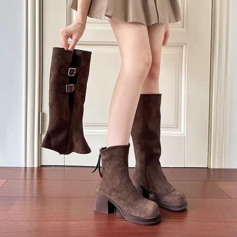 Pile Long Boots Two Wear Women's Boots 2025 Autumn and Winter New Heightening Trouser Boots Removable Thick Heel Thick Sole Knight Boots