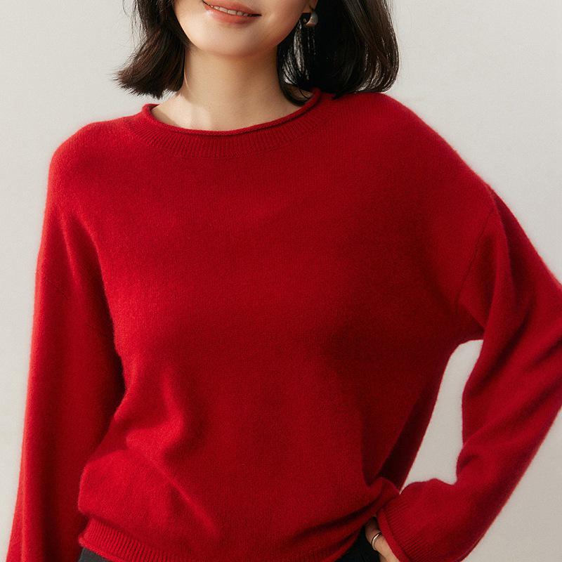 Women's Cashmere Rolled Hem Round Neck Sweater - 2025 Autumn/Winter Collection, Loose Fit and Slimming Pullover.
