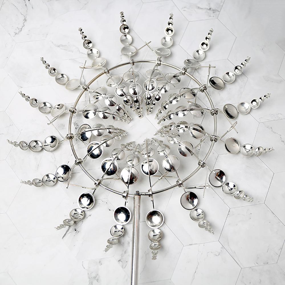 1PC Silver Wind Powered Kinetic Windmill Metal Sculpture Spinner Garden Ornament