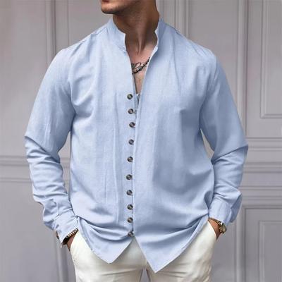 Pánská košile, ležérní volná verze, módní pohodlná, stojací límec s dlouhým rukávem, klasický top s knoflíky, streetwear, lněný