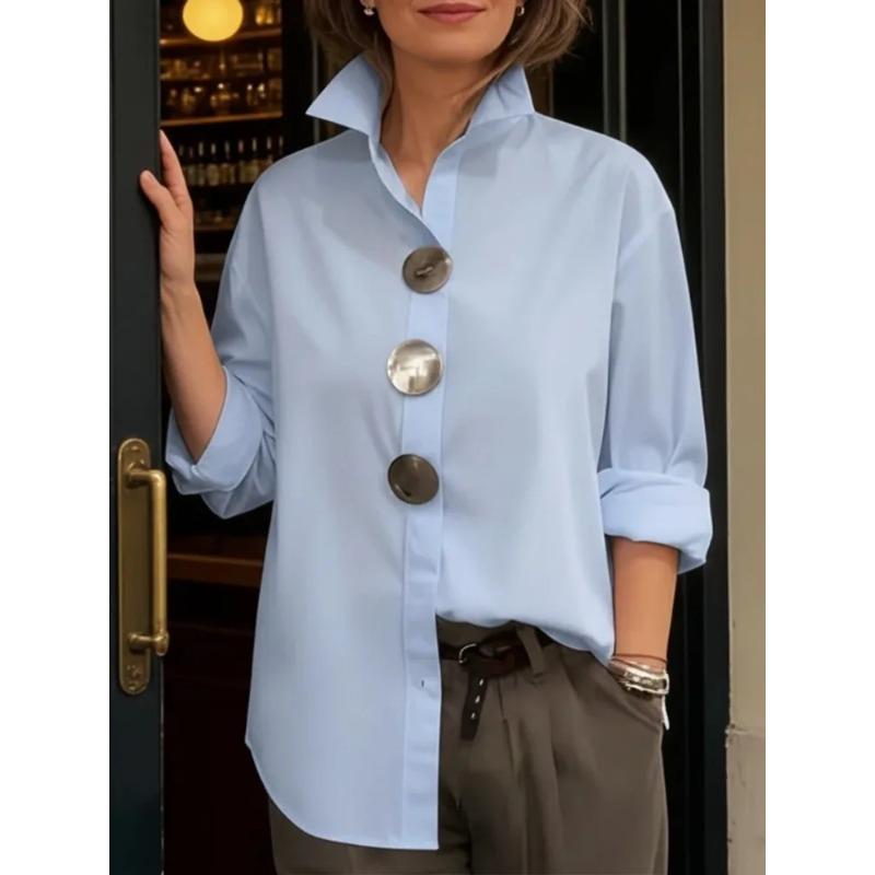 Chemise Blanche Boutonnée en Coton pour Femme Yeezzi Blouse Élégante Ample à Revers Hauts Décontractés à Manches Longues pour Bureau pour Dames S bleu