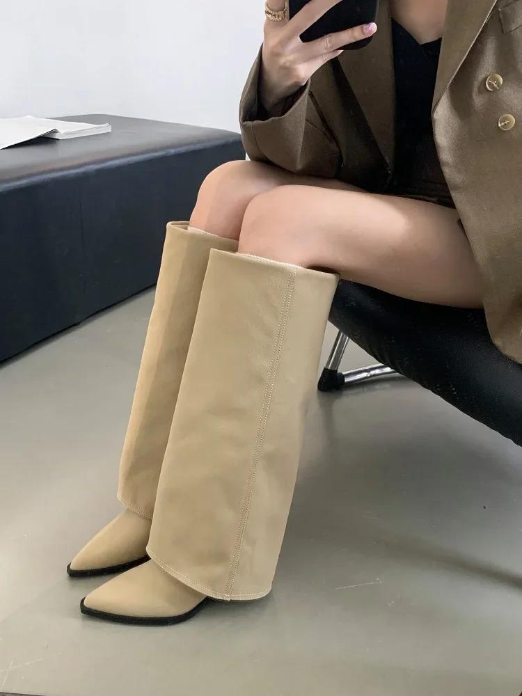 Eilyken Designer Vintage Fold Pointed Toe Women Knee-High Boots Square Low Heels Shoes Fashion Modern Long Booties