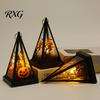 Retro Triangular Wind Lantern Halloween Vintage LED Candle, Spooky Pumpkin Witch Tabletop Decor with Castle Metal Hanger, Electronic Tealight