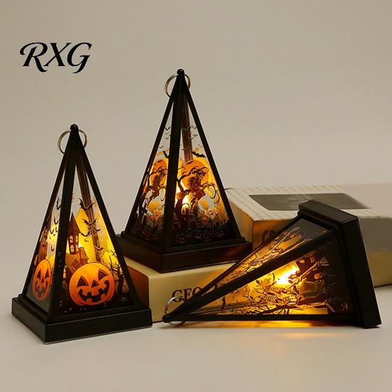 Retro Triangular Wind Lantern Halloween Vintage LED Candle, Spooky Pumpkin Witch Tabletop Decor with Castle Metal Hanger, Electronic Tealight