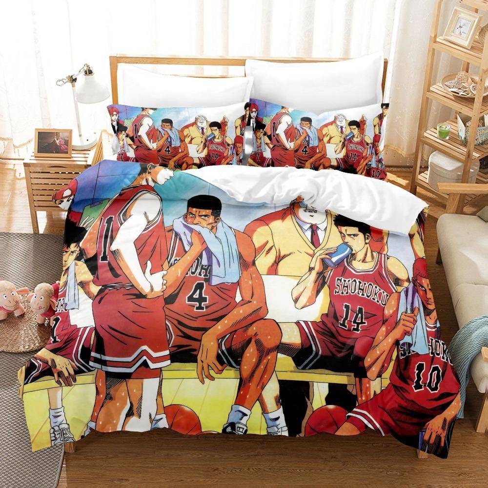 Anime Basketball Theme Microfibre Bedding Sets, Children's Bed Linen with Zip Room Decor Duvet Cover for Teenagers Adult 3-Piece