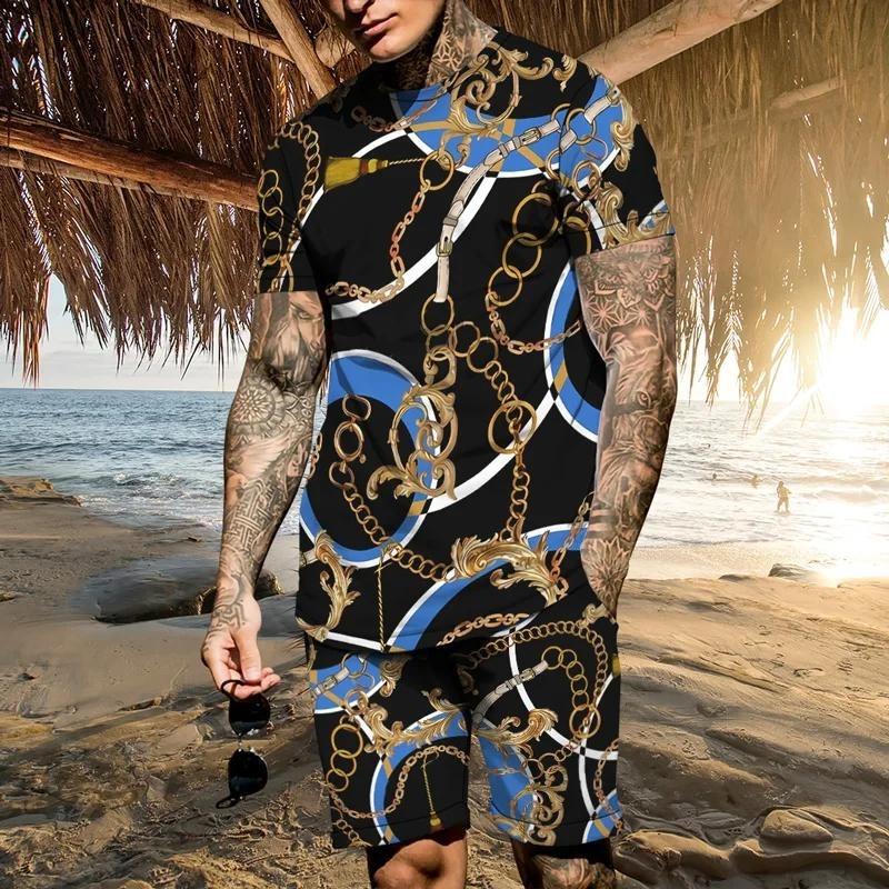 Summer Men's T-Shirt Set Gold Pattern 3D Print T-shirt Shorts 2-piece Set Elegant Casual Clothes Street Baroque T-shirt top