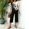 Women's Casual 2 Piece Sets Short Sleeve Crew Neck Top And Cropped Pants Sets Summer Floral Lounge Outfits