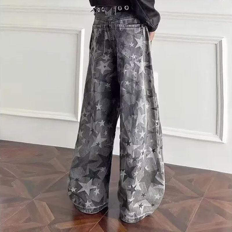 Men All Over Star Print High Waist Wide Leg Denim Cargo Pants
