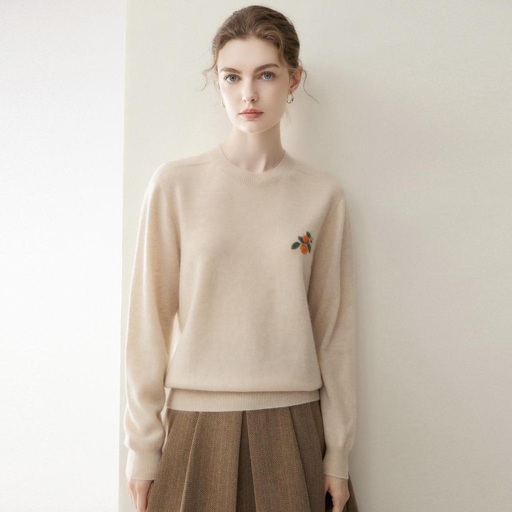 Lekasha 100% Pure Cashmere Embroidered Women's Sweater - Loose Knit Round Neck