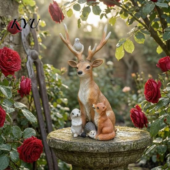 Innenbereich Eingangshalle Dekorationen Waldhirsch Kleintier Harzstatue, Elchfigur mit Kaninchen Außenbereich Terrasse Rasen Dekorationen Fuchs Igel,