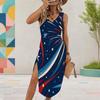 Women Plus Size Sleeveless U Neck Firework Printed Navy Blue Dress High Side Slit Curved Hem
