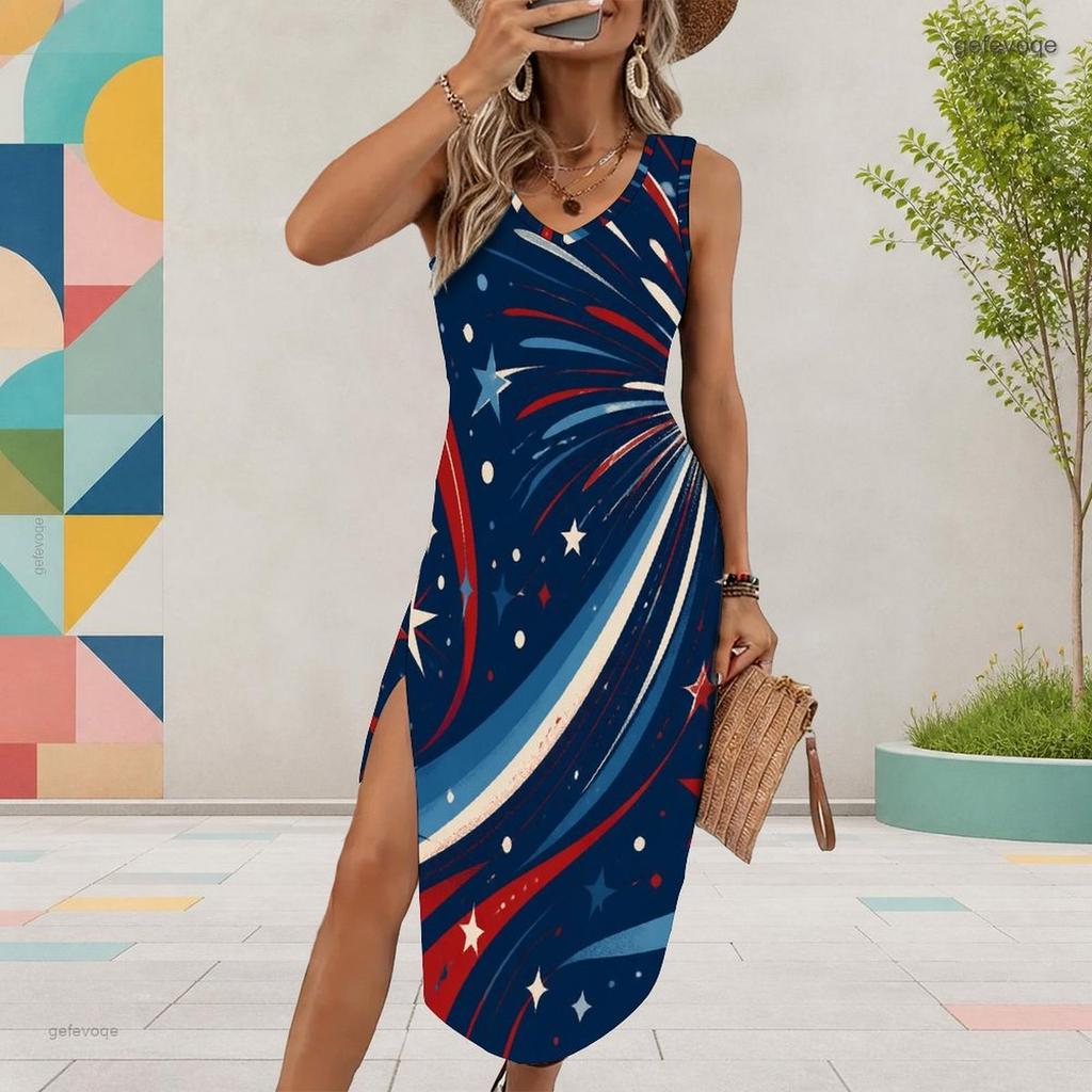 Women Plus Size Sleeveless U Neck Firework Printed Navy Blue Dress High Side Slit Curved Hem