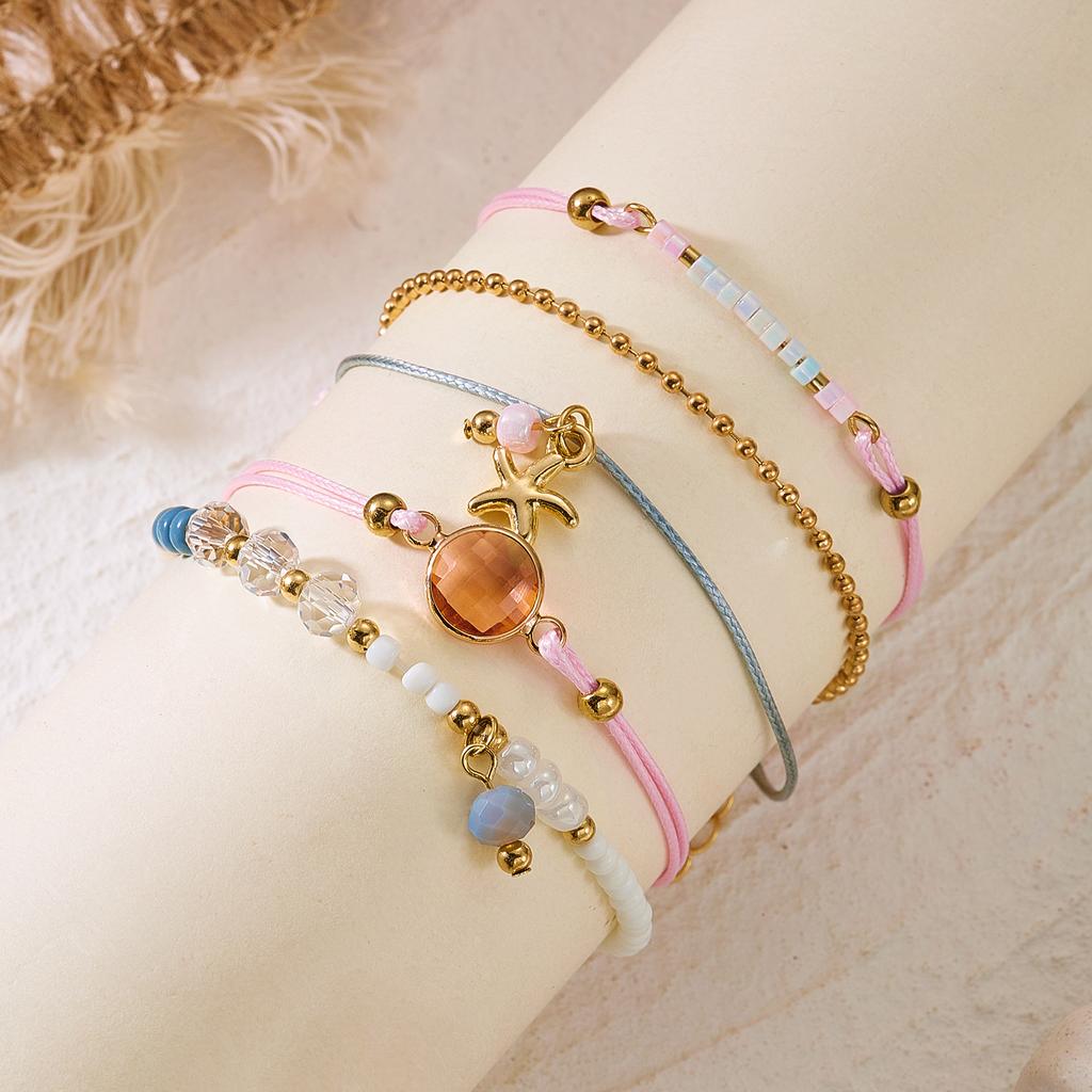 4PCS/Set Sweet And Simple Pearl Star Crystal Bracelet Set for Ladies with Pink Rope Stacking Jewelry Hand Accessory Gift