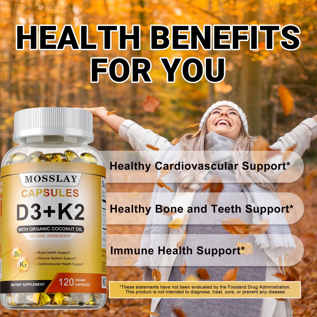Natural Vitamin D3+K2 Capsules, Containing Organic Coconut Oil, Beneficial for Bone and Teeth Health.