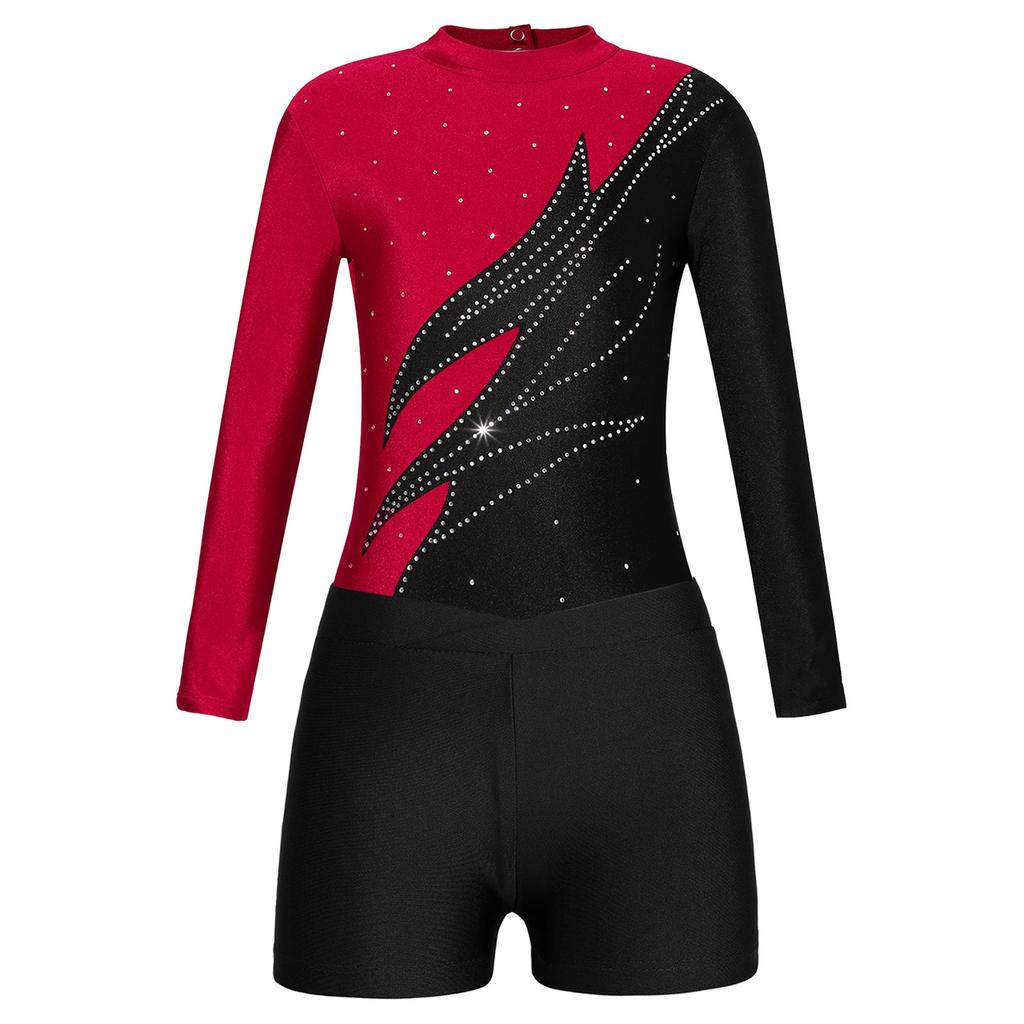 Girls Long Sleeve Dance Leotard Mock Neck Rhinestones Keyhole Back V-front Waistband Shorts Performance Outfit