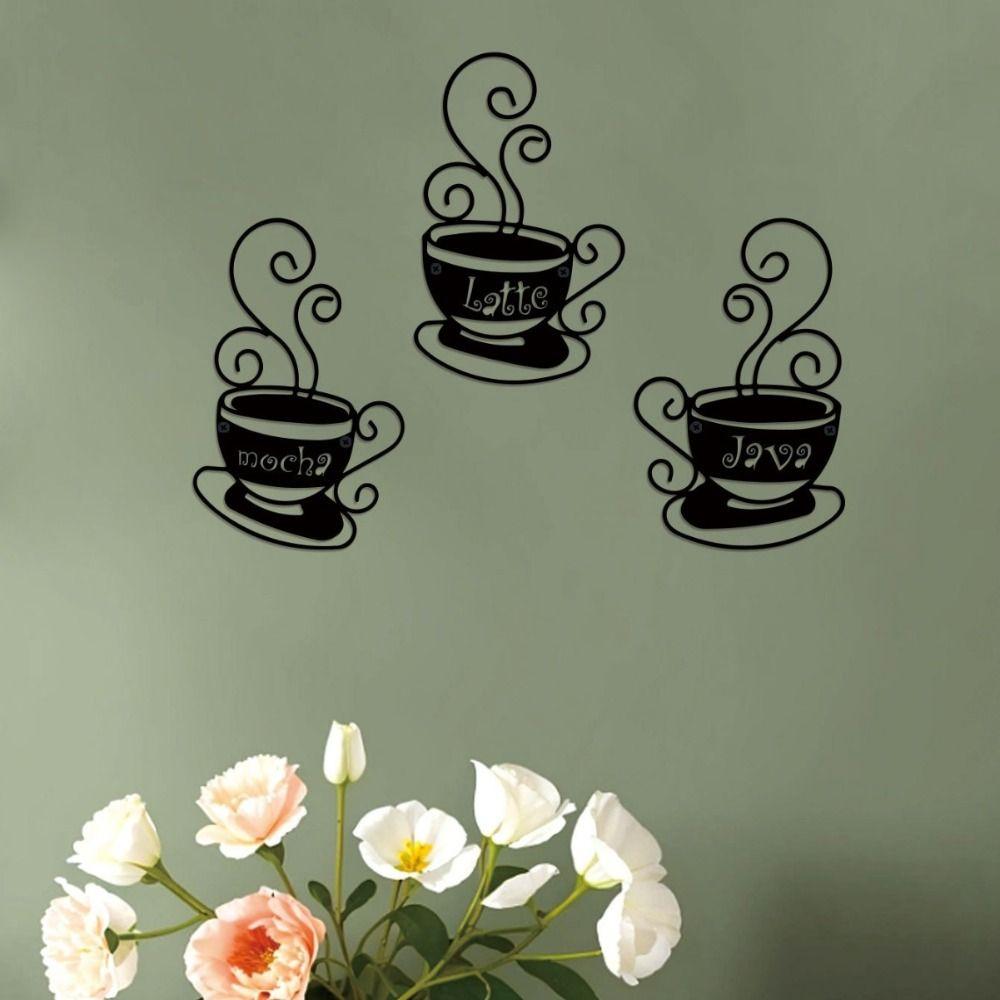 3Pcs Art Wall Hanging Metal Background Pendant Crafts Coffee Cup Wall Decoration Gift