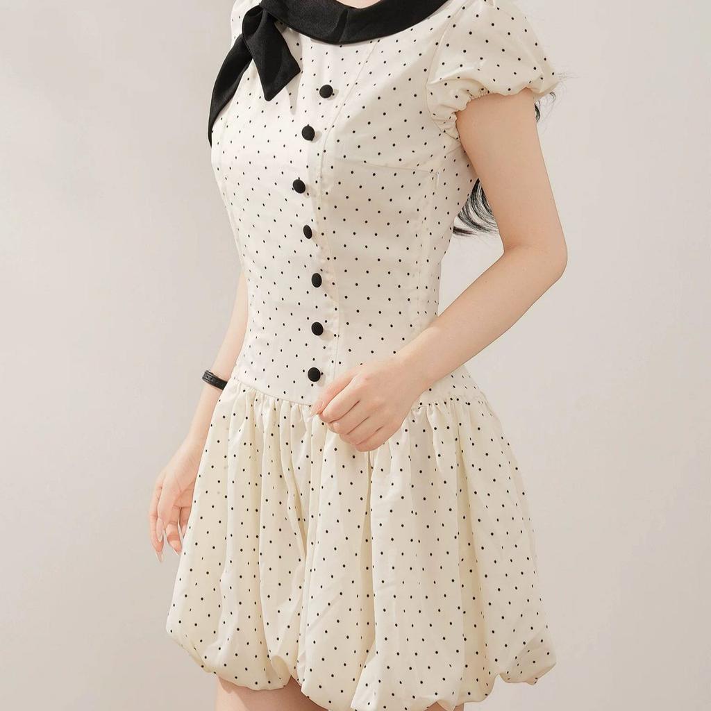 Thousand Gold Wind Bow Polka Dot Dress Women's Summer Retro Small Man Waist and Thin Temperament Fluffy Short Skirt