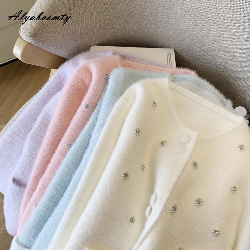 Elegant Fashion Autumn Winter Women Knitted Cardigan White Pink Blue Purple Fluffy Knitting Coat Feminine Sweet Diamonds Ladies' Outerwear