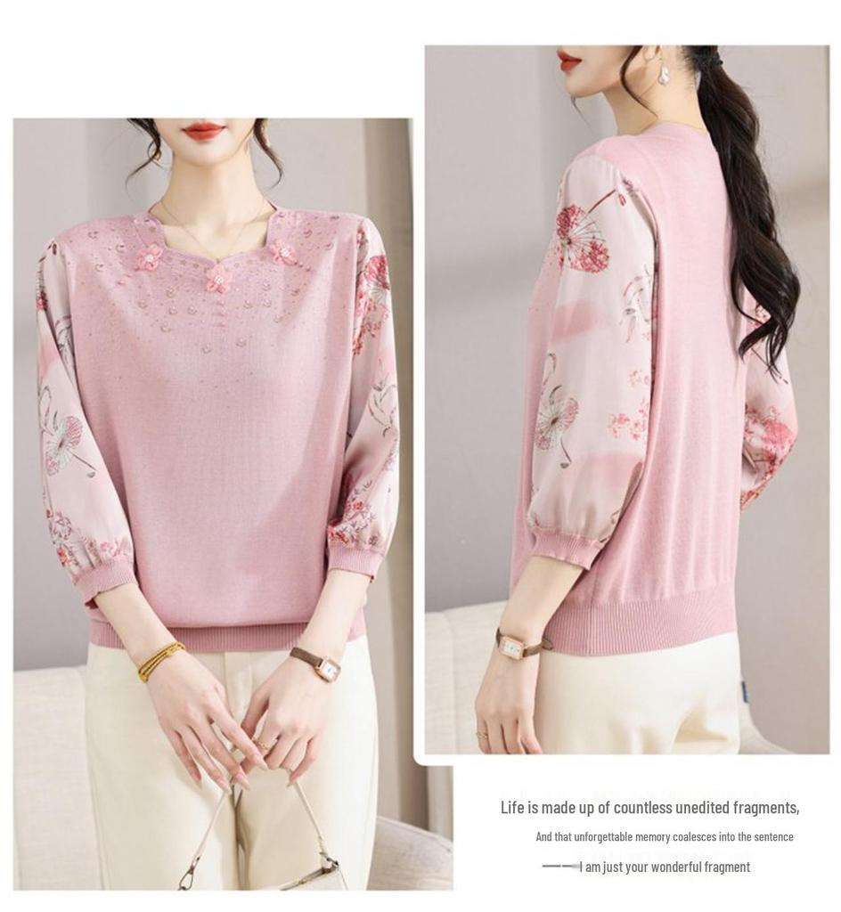 Elegant Women's Seven-Sleeve Knit Top - Fashionable, Comfortable, and Loose-Fit Mother's Wear