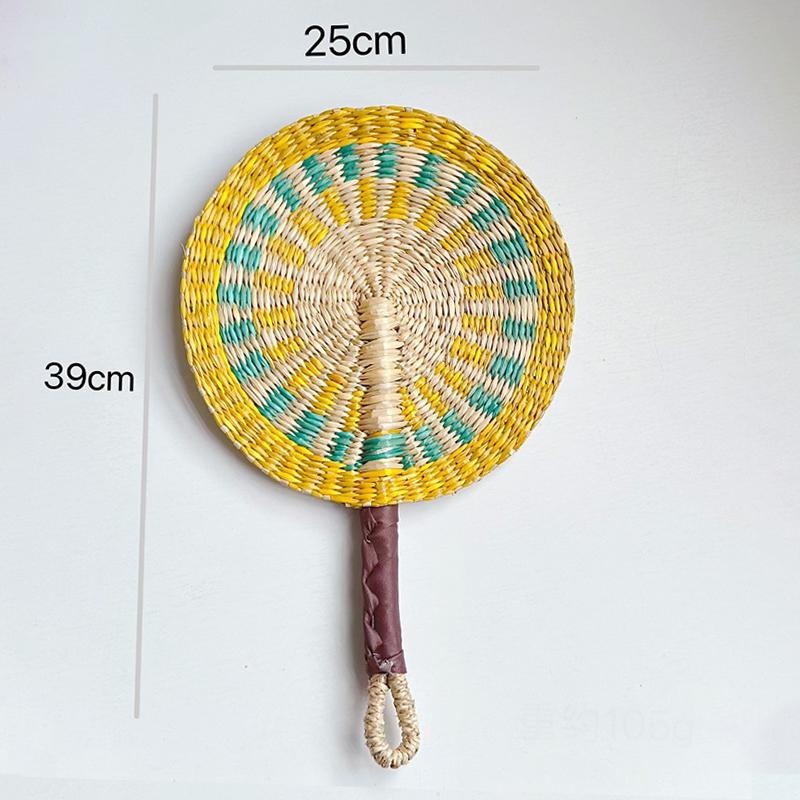 Colorful Striped Patterns Seagrass Woven Fan Vintage Anti-Mosquito Hand Braided Fan Natural Portable Cattail Fan School/Office