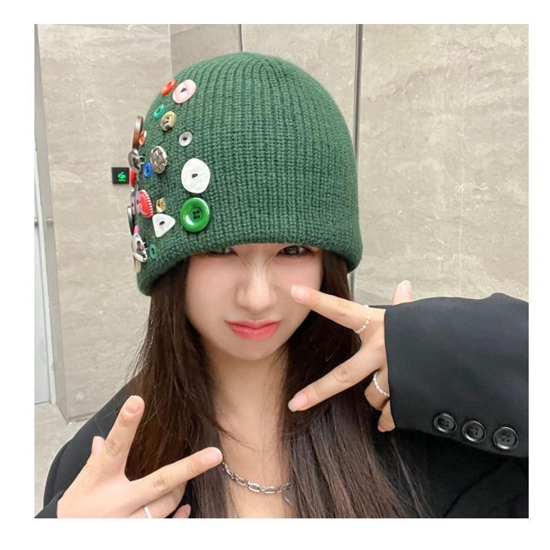 Korean Style Button Knit Beanie For Women Autumn Winter