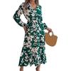 Vestito da donna primavera autunno scollo a V stampa floreale maniche lunghe vita alta stretta linea ad A orlo svolazzante per appuntamenti shopping vestito midi