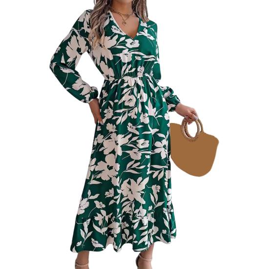 Vestito da donna primavera autunno scollo a V stampa floreale maniche lunghe vita alta stretta linea ad A orlo svolazzante per appuntamenti shopping vestito midi