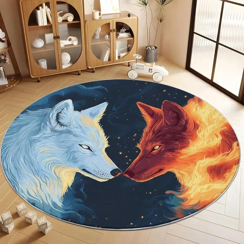 Round Carpet Autumn Winter Wolf Couple Round Rug Floor Mat Door Mat Entrance Mat for Home Decoration