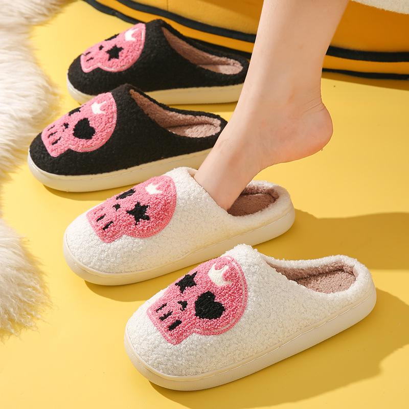 Winter Skull Print Halloween Plush Lined Warm Bag Toe Shoes Plush Home Indoor Cotton Slippers