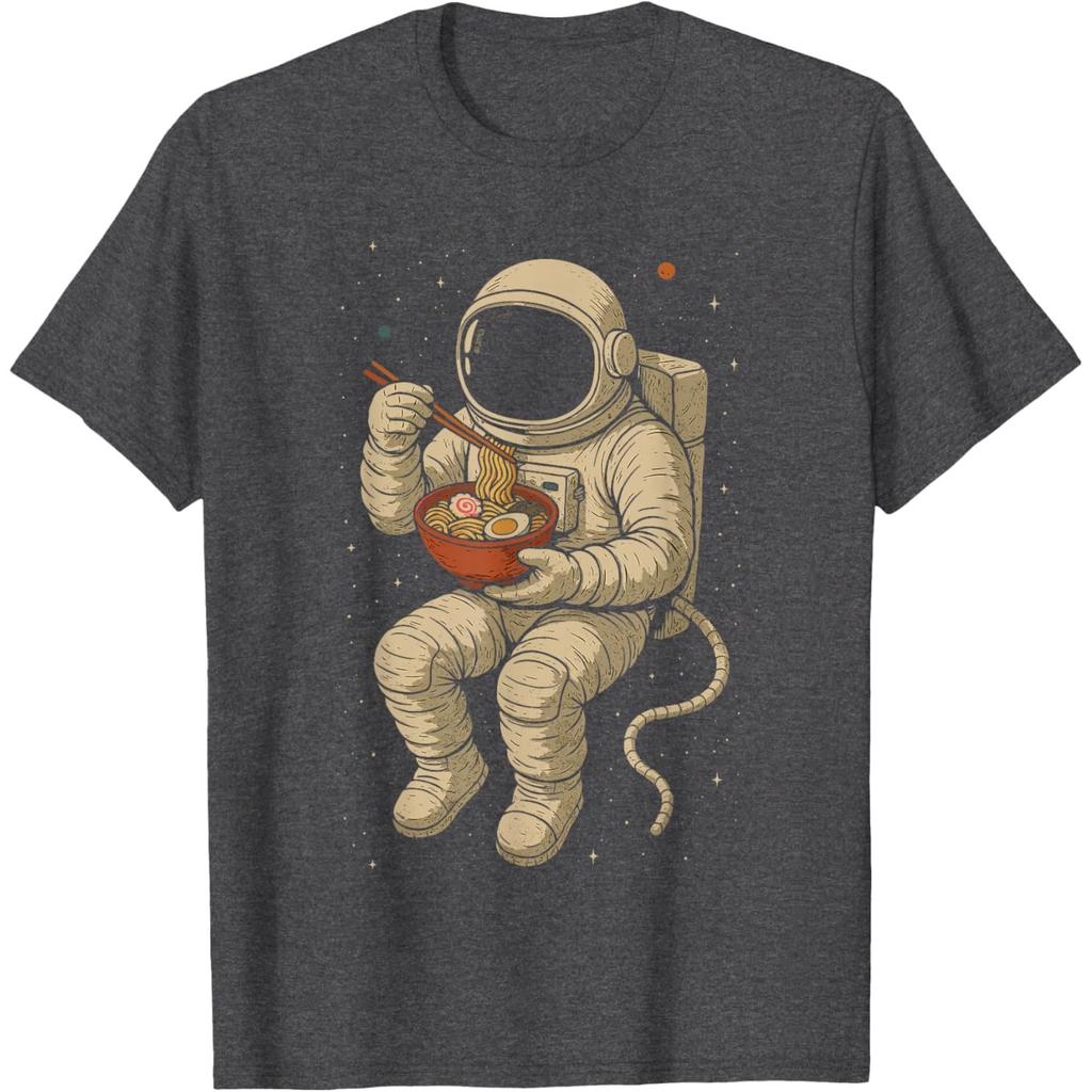 Astronaut Eating Ramen Graphic Tee Funny Space Food Print Casual Men's T-Shirt