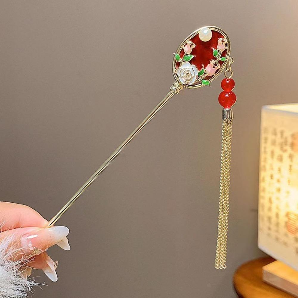 Red Tassel Pearl Flower Hair Stick Elegant Fan Shape Chinese Versatile  Style Pearl Hair Stick Hair Fork Hairpin Hanfu Party
