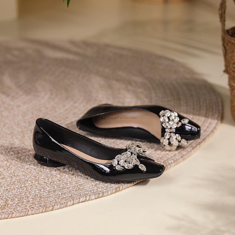 Patent leather square head single shoes women's low heel round heel rhinestone bow temperament fairy sheepskin flat women's shoes
