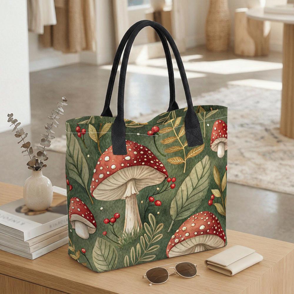 Forest Mushroom Print Tote Bag Casual Large Capacity Shopping Handbag for Daily Use