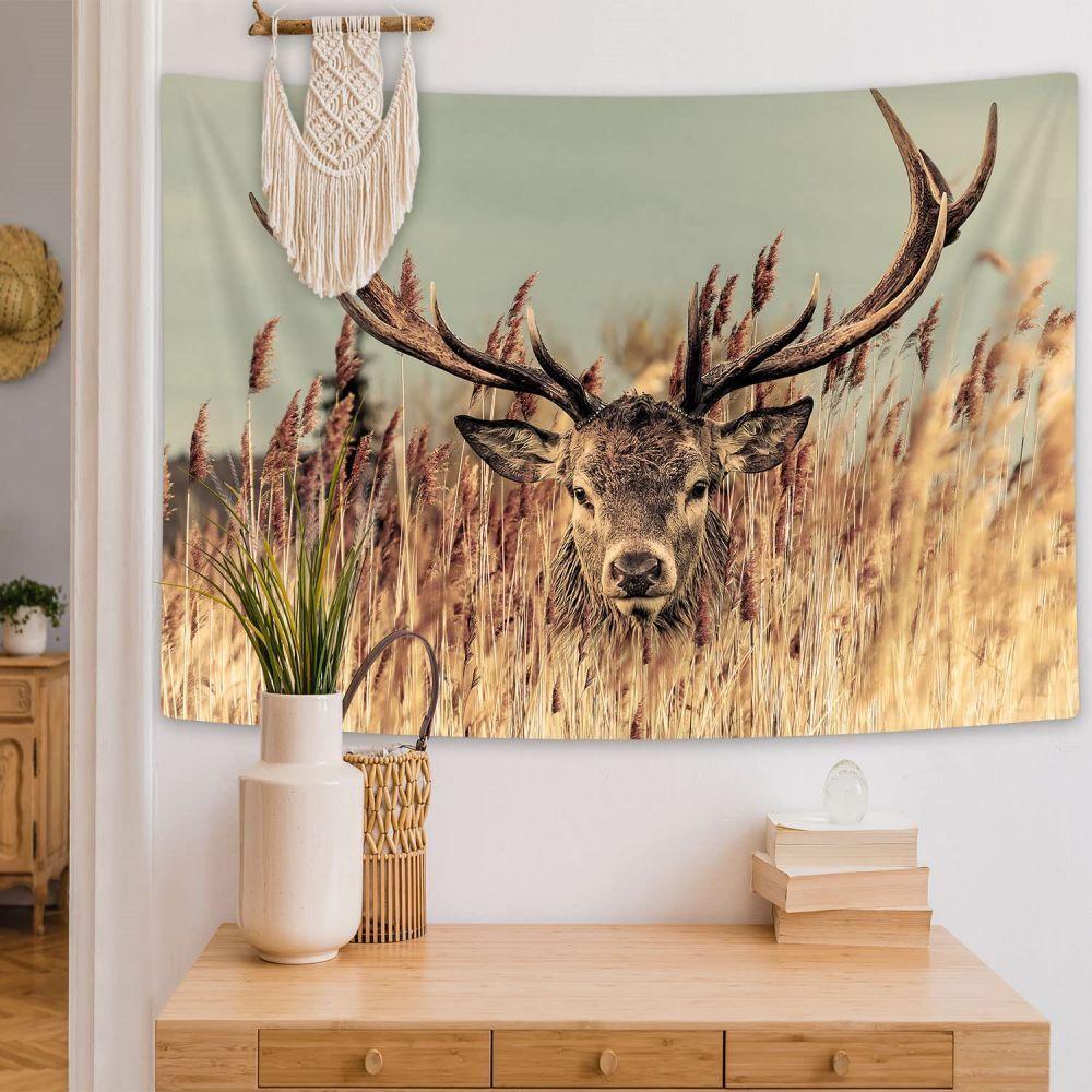 Tapestry wheat field elk deer wall hanging 75x100