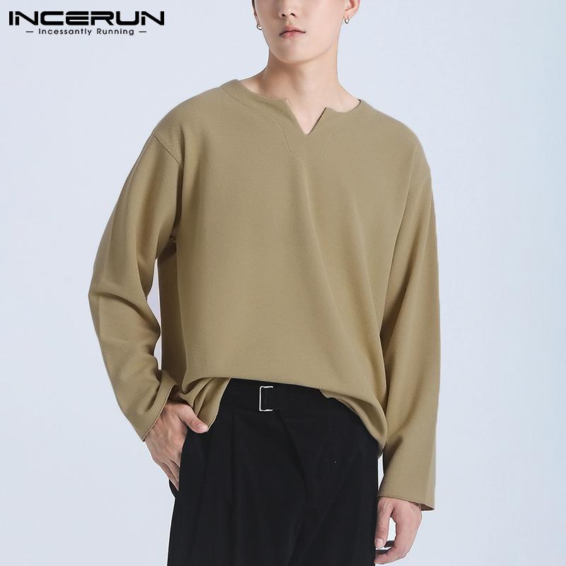 

INCERUN Весенние мужские однотонные топы с V-образным вырезом и длинными рукавами