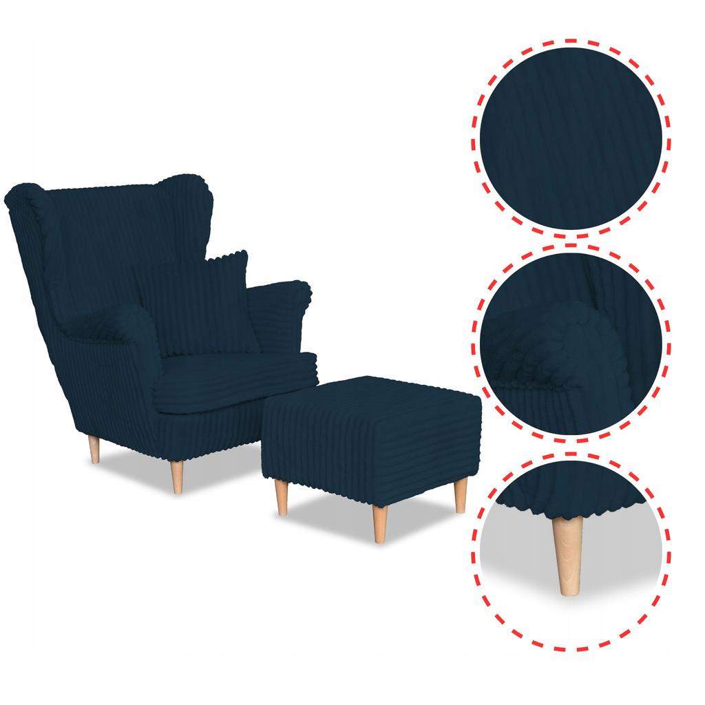 Fotel uszak Rene z podnóżkiem skandynawski Family Meble niebieski sztruks