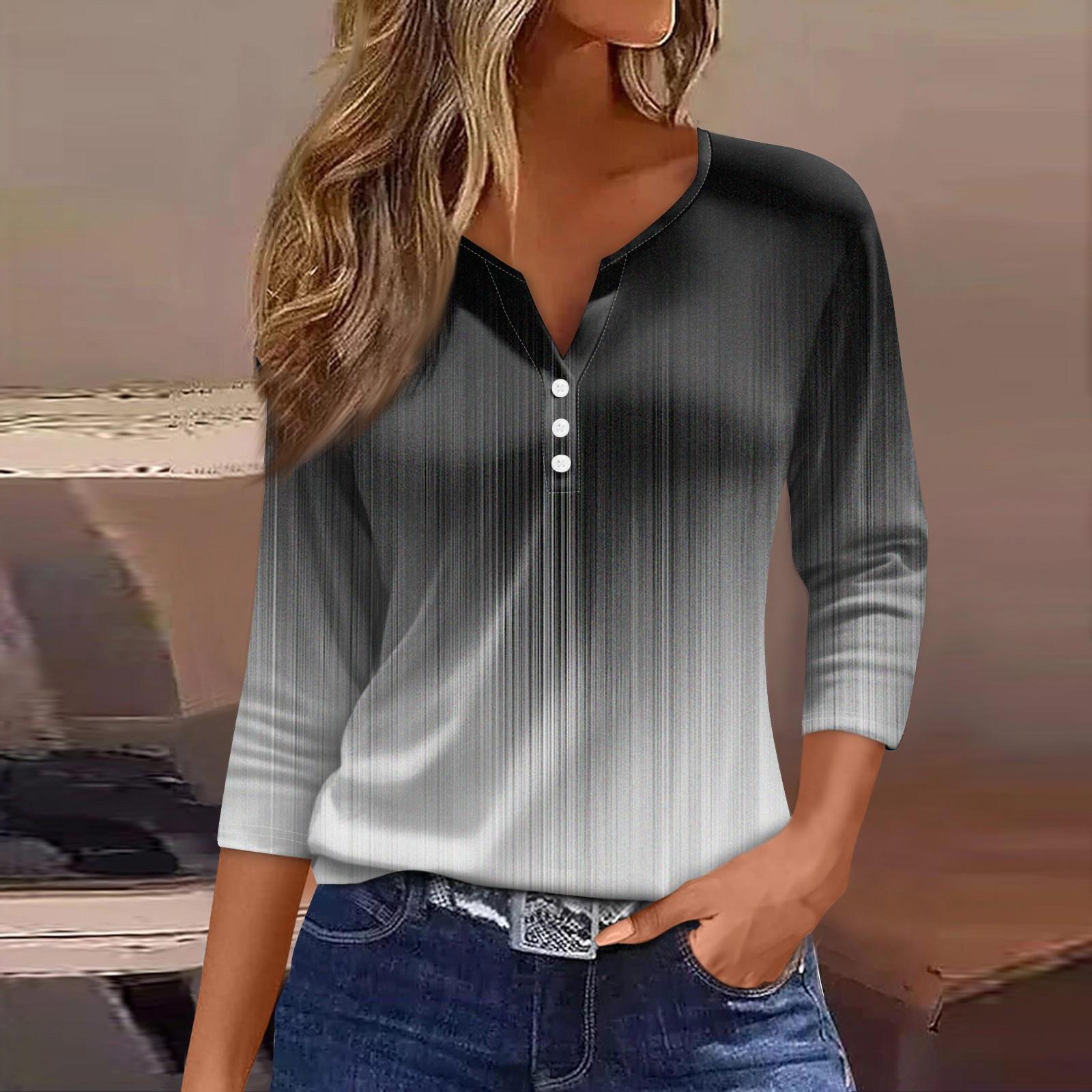 

Жен. Футболка Футболка С принтом Пуговицы Рукав 3/4 Повседневные Выходные Мода Классический V-образный вырез Обычный Топ XL чёрный