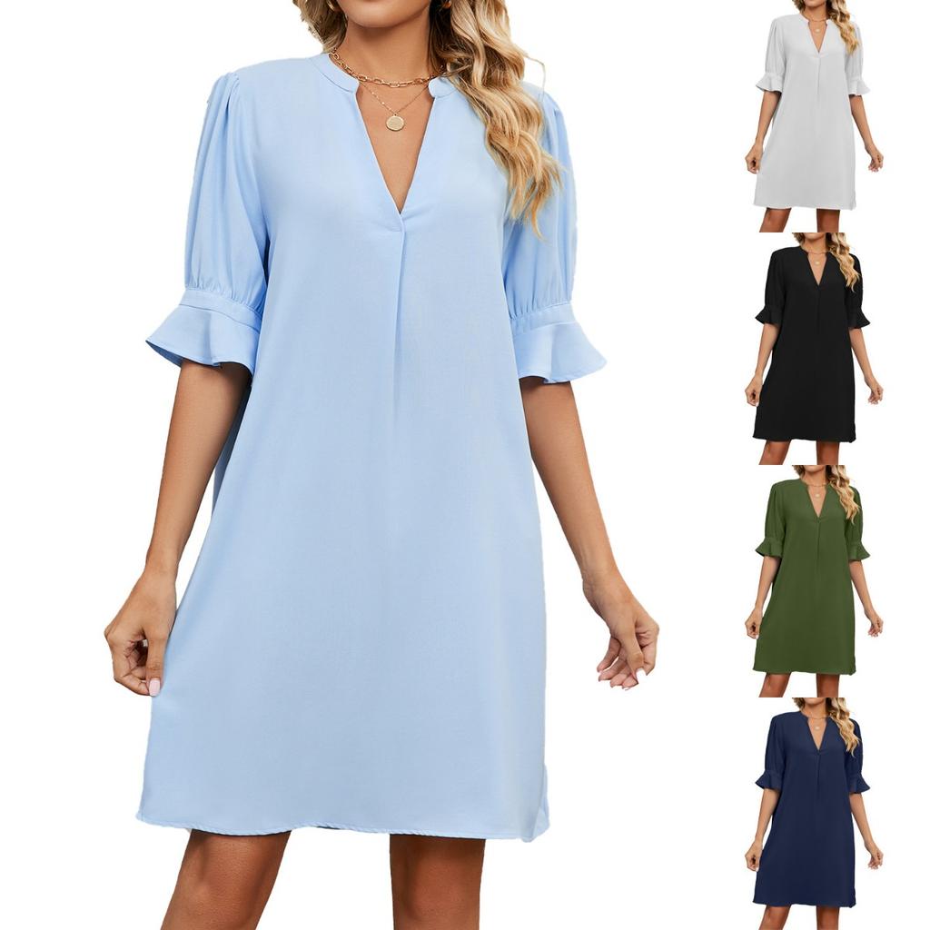 Casual Dresses - Summer Solid Color V-neck Loose Pleated Mid-sleeve Dress Women, Cross-border Casual Dress