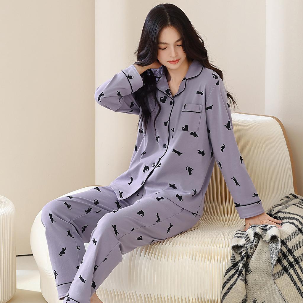 Pajamas women's pure cotton new long-sleeved trousers spring and autumn cardigan lapel can be worn out set loungewear two-piece set