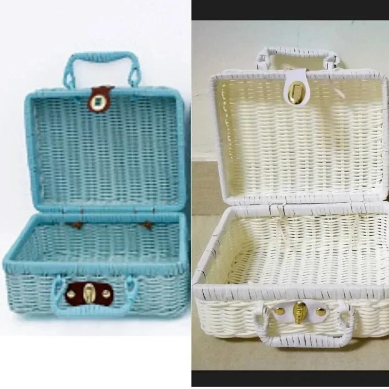 Retro PP Imitation Rattan Weaving Picnic Storage Basket Wicker Suitcase Hand Gift Box Woven Cosmetic Sundries Organizer Boxs LS