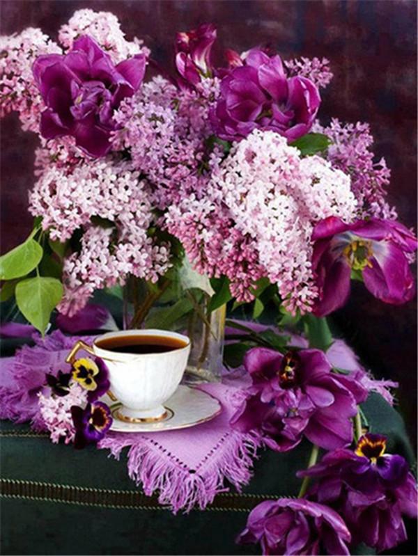 Zestaw do haftu diamentowego Diamentowa mozaika Kwiat bzu Diamentowe malowanie Pełny okrągły wazon Robótki Modułowe zestawy do haftu krzyżykowego