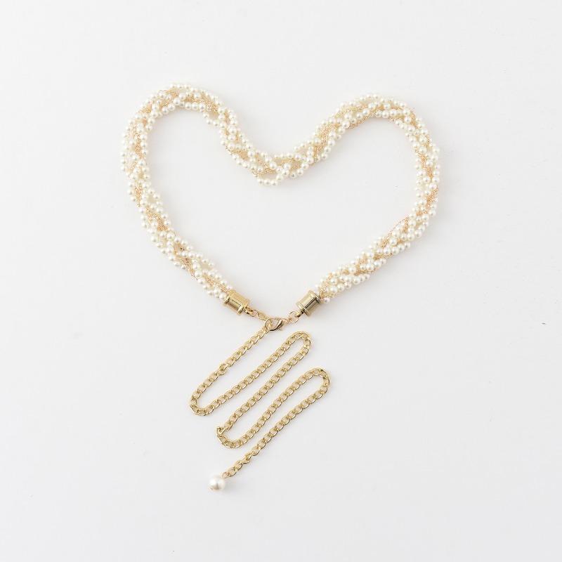 Women s slim waist chain dress decoration slim waist chain white pearl braided belt белый