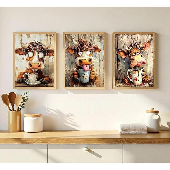 3pcs Funny Cow Canvas Wall Art Humor Dreaming Cow Drinking Coffee Posters Prints Paintings Playful Country Farmhouse Animals Wall Decor Pictures for
