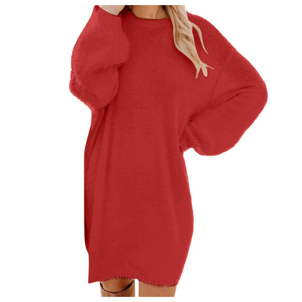 2025 Autumn Winter Women's Plush Dress Long Sleeve Round Neck Loose Mid-Length Fashion