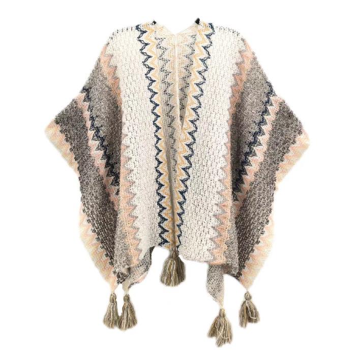 Shawl Wraps for Women Boho Knit Poncho Ladies Rainbow Casual Loose Striped Fringe Blanket Scarf