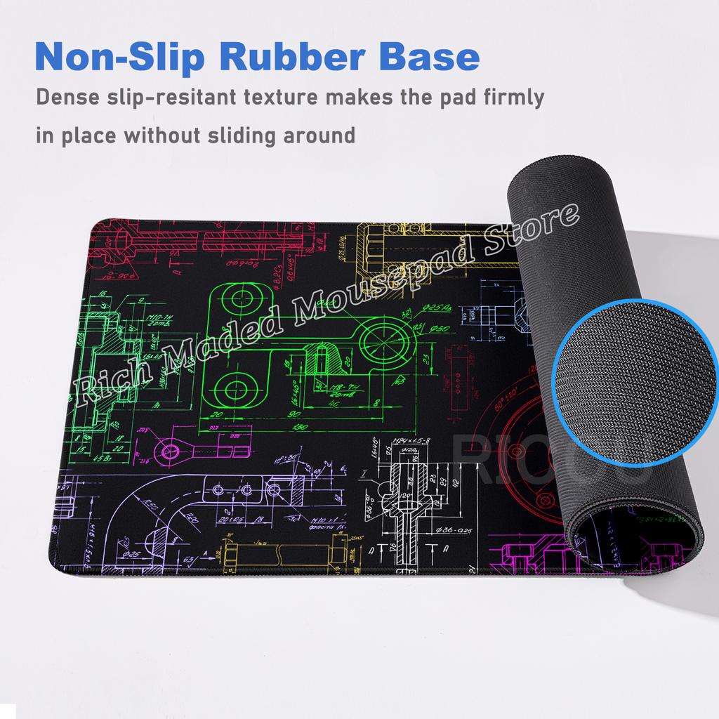 Tappetino per Mouse Nero Grande Disegno Meccanico Ingegnere Mousepad HD XXL Minimalismo Mousemat Tappeto di Gomma Tappetino per Scrivania Accessorio per PC Gaming