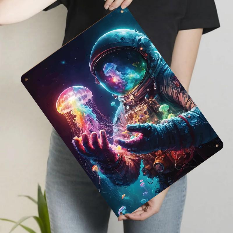 Astronaut and Luminous Jellyfish Space Adventure Metal Tin Sign Home Decor Wall Art Hanging