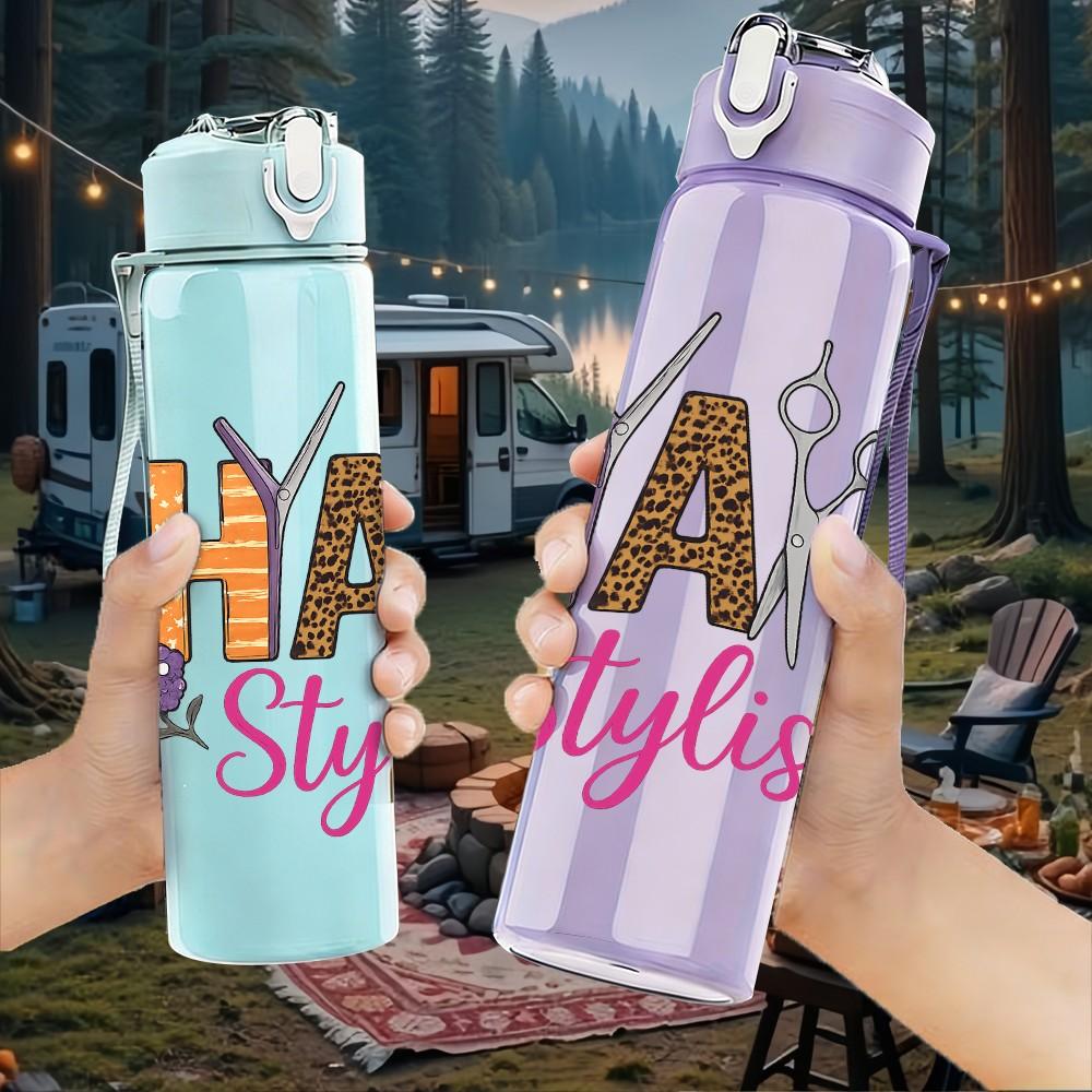 1PC Hair Stylish Color Letter Art 750ml Color Plastic Sports Water Bottle Leakproof Flip Straw Lid Suitable for Sports Office Home Use